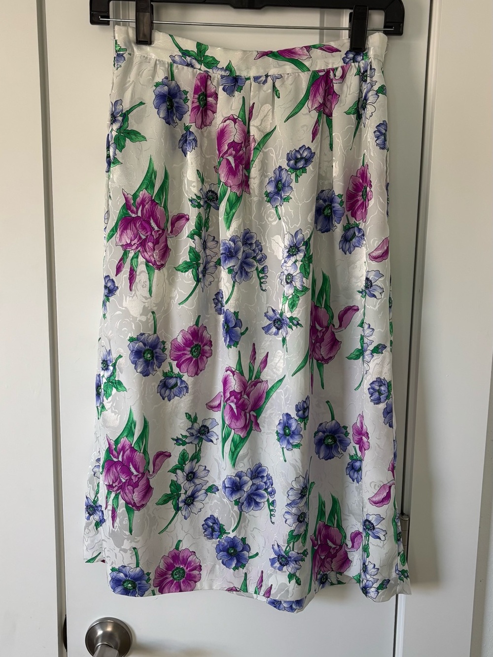 Floral Midi Skirt in White with Purple & Green Bloom